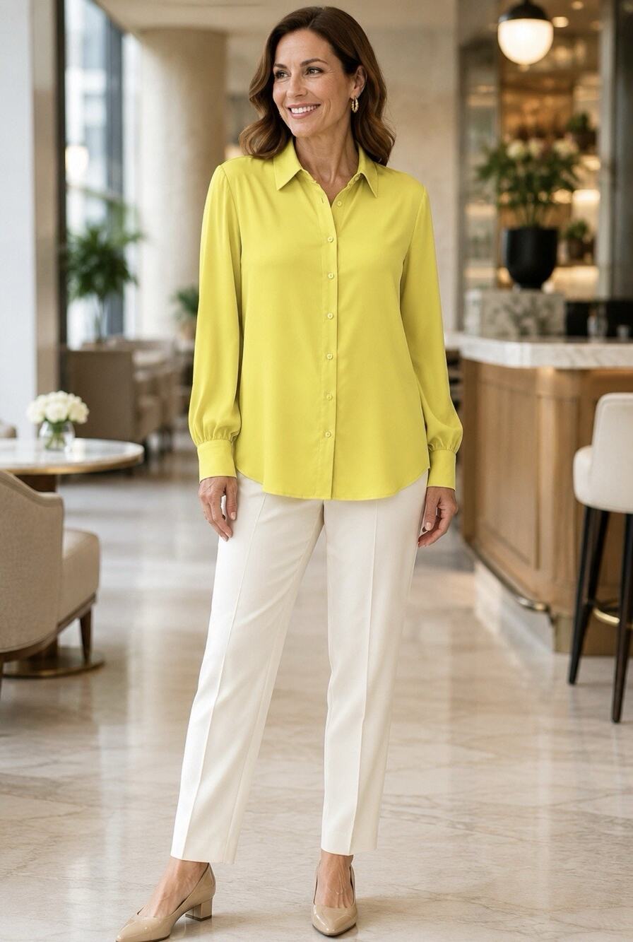 Chico’s Womens 1 US 8 Chartreuse Lime Button Front Blouse Long Sleeve NWT